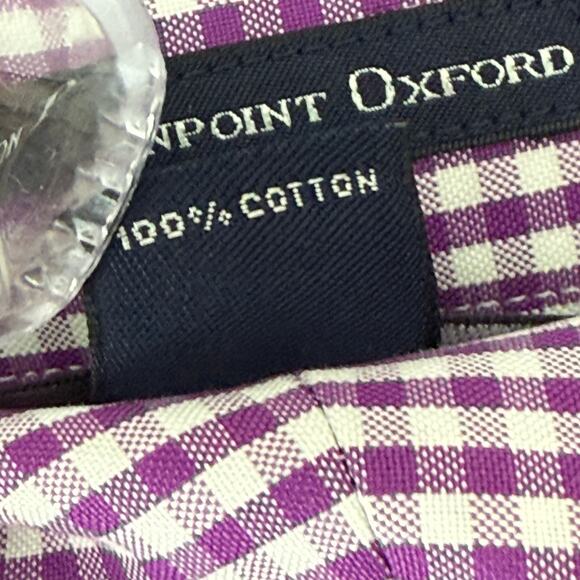 Land's End Men's No-Iron Pinpoint Oxford Dress Shirt LS Purple Check - Picture 4 of 6